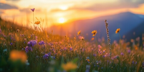 Wall Mural - beautiful field with colorful wild flowers foggy landscape at sunrise or dawn with setting or rising