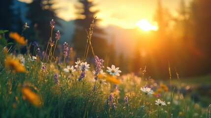 Wall Mural - beautiful field with colorful wild flowers foggy landscape at sunrise or dawn with setting or rising