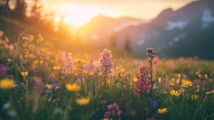 Wall Mural - beautiful field with colorful wild flowers foggy landscape at sunrise or dawn with setting or rising