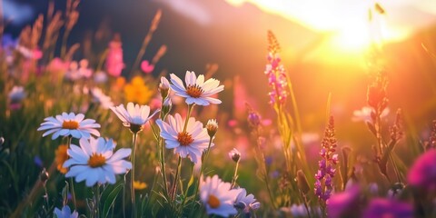 Wall Mural - beautiful field with colorful wild flowers foggy landscape at sunrise or dawn with setting or rising