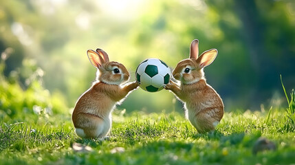 Wall Mural - Cute rabbit playing football with a beautiful background.