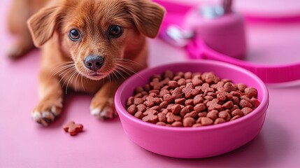 Wall Mural - Pet supplies on a soft pink backdrop: bowl of nutritious brown pet food, pink leash, bone-shaped chew toys, sleek pink grooming clipper, handy water dispenser, flat lay.