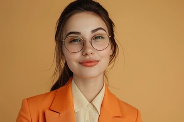 Young successful corporate lawyer in orange suit working in office.