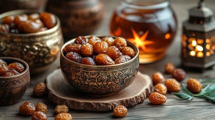 Wall Mural - Ramadan Kareem with Islamic star and crescent, bowl of dried dates, nuts, cup of tea, wooden lantern, and rosary on white background.