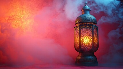 Ramadan Kareem lantern with glowing candle on pink background with smoke Eid Mubarak greeting card Muslim holy month banner template.