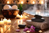 Spa setting with candles, stacked stones, towels, and orchids near a steaming hot tub on a wooden floor