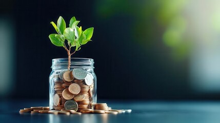 Coins in a clear jar, with a tree sprouting out, depicting savings and growth