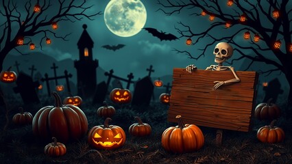 Wall Mural - Spooky Halloween night with skeleton, pumpkins, and full moon