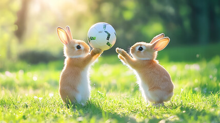 Wall Mural - Cute rabbit playing football with a beautiful background.