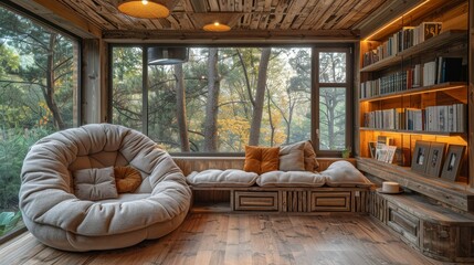 A tranquil and cozy rustic room featuring large windows, plush seating, bookshelves, and a forest view, perfect for relaxation and reading.