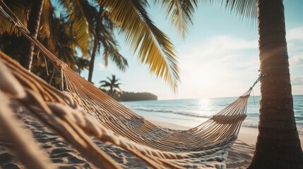 Wall Mural - Relaxing Hammock Between Palm Trees on a Scenic Tropical Beach at Sunset