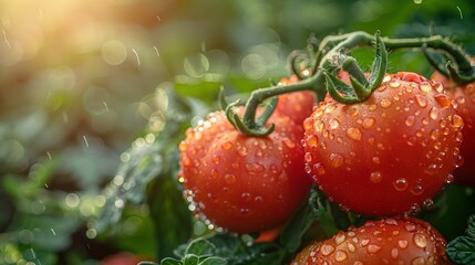 Sticker - Close up photo of ripe tomatoes covered in dew drops on a vine in a garden.