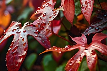 Shiny on sun red autumn leaves of wild grape ivy as fall season beauty nature background. Autumnal nature banner from bright wet foliage with raindrops, botanical aesthetic, Generative AI