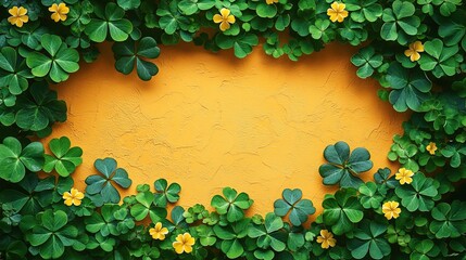 Wall Mural - St. Patrick's Day banner design with a frame of shamrocks and four-leaf clovers on an orange background. Happy St. Patrick's Day concept.