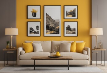 Beige sofa with yellow pillows and two side tables with lamps against vibrant yellow wall with poster frame. Classic home interior design of modern living room