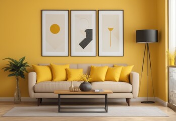 Beige sofa with yellow pillows and two side tables with lamps against vibrant yellow wall with poster frame. Classic home interior design of modern living room