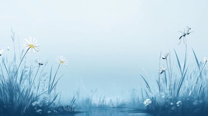 Wall Mural - Soft and delicate blue landscape with wildflowers and dragonflies, creating a serene and peaceful atmosphere.

