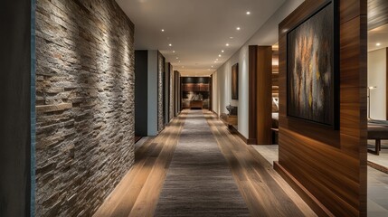 Modern Interior Hallway Design with Wood and Stone in a High-End Home