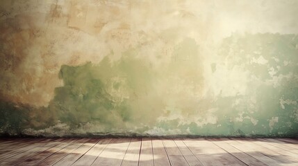 Wall Mural - Rustic Aged Wall with Wooden Floor in Sunlit Interior.

