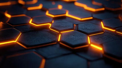 Futuristic Hexagonal Design,  A striking futuristic pattern featuring glowing hexagons against a dark background, creating a visually captivating and modern aesthetic