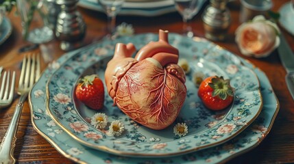 Realistic human heart on vintage plate with knife and fork for Valentine's dinner concept.