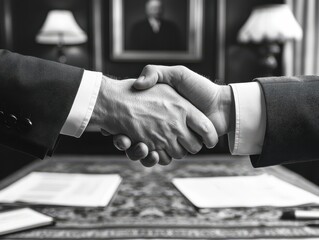 Wall Mural - Handshake over documents. Business plan concept. with black and white color. 