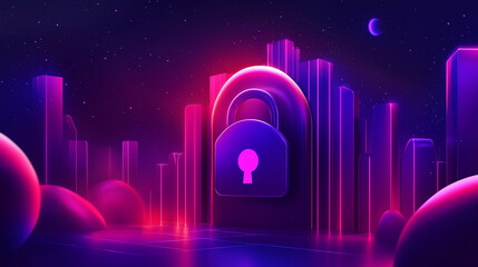 Wall Mural - Cyber Security - Neon Cityscape with Padlock