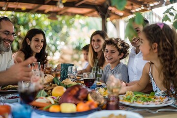 Jewish family celebrating Sukkot with an outdoor meal, surrounded by greenery and joy