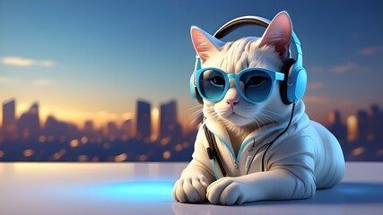 Wall Mural - Imagine a stylish 3D cat, sporting trendy glasses and sleek headphones, having a lively conversation on a futuristic cell phone while basking in the warm glow of a clear blue sky.