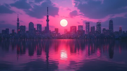 Sticker - Tokyo Skyline at Dusk with Full Moon Reflection.