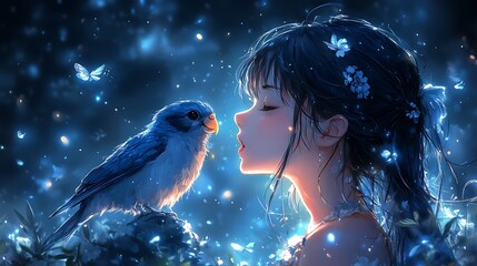 Wall Mural - Anime Girl and Bird with Blue Lights and Butterflies