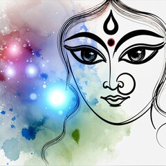 Sticker - Durga puja watercolor illustration with durga face.