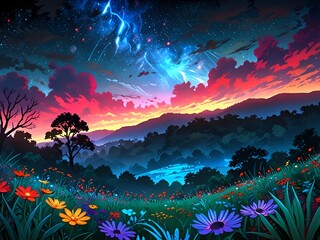 Wall Mural - Vibrant Sunset with Lightning and Flowers