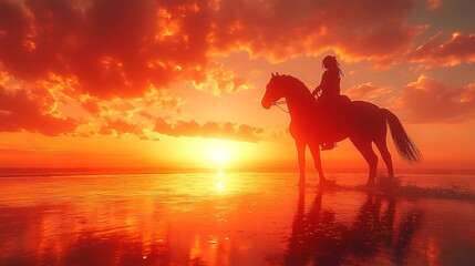 Canvas Print - Silhouette of a Rider and Horse at Sunset Over Water.