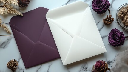 Top view of wedding stationery with blank white invitation cards, purple envelopes, wedding decorations, and dried flowers on a marble table.