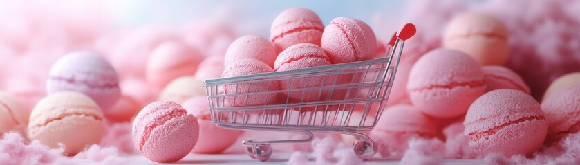 Shopping cart filled with pink macarons surrounded by more macarons on a dreamy pastel background.