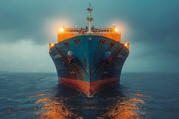 Twilight view of a massive cargo ship moving through ocean waters illuminated by its lights, showcasing its grandeur and strength.