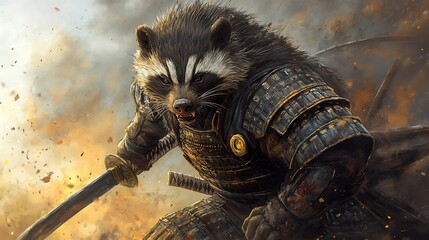 Canvas Print - A Raccoon Samurai Warrior in Battle.