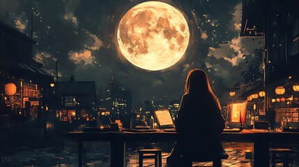 Poster - Woman Sitting Alone at a Table in a City Under a Giant Full Moon.