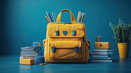 Yellow corduroy backpack filled with colorful school supplies on a striking blue background ideal for back to school campaigns and stationery marketing