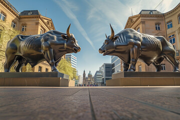 Two iconic bronze sculptures of bulls facing each other in a cityscape, symbolizing financial markets' strength and confrontation, framed by modern and historical architecture under a clear blue sky