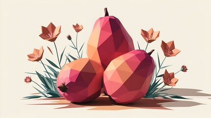 Wall Mural - Low Poly Pears and Flowers