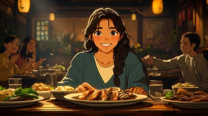 Wall Mural - Young Woman Enjoying a Meal with Friends in a Cozy Restaurant.