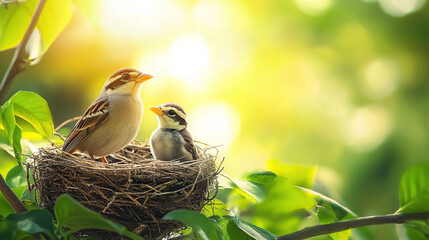 Wall Mural - Beautiful bird's nest with baby birds on a tree branch in a green nature background