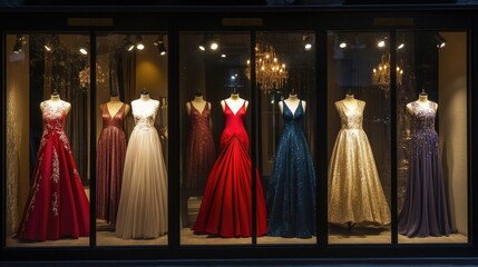 Stylish Boutique at Night Featuring Elegant Evening Gowns