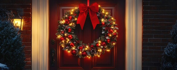 Warm LED lights softly glowing on a holiday wreath with red ribbons, festive front door