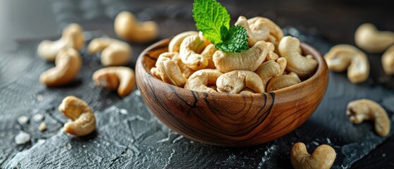 Cashew nuts in a wooden bowl with mint on stone table. Free copy space for text.