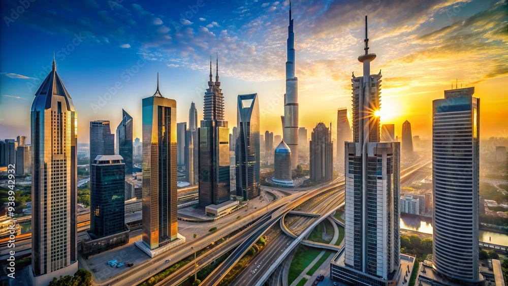 Modern Dubai skyline with sleek skyscrapers and bustling streets ...