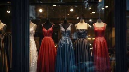 Stylish Boutique at Night Featuring Elegant Evening Gowns