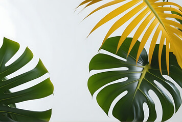 Wall Mural - monstera deliciosa yellow palm tropical leaves white background